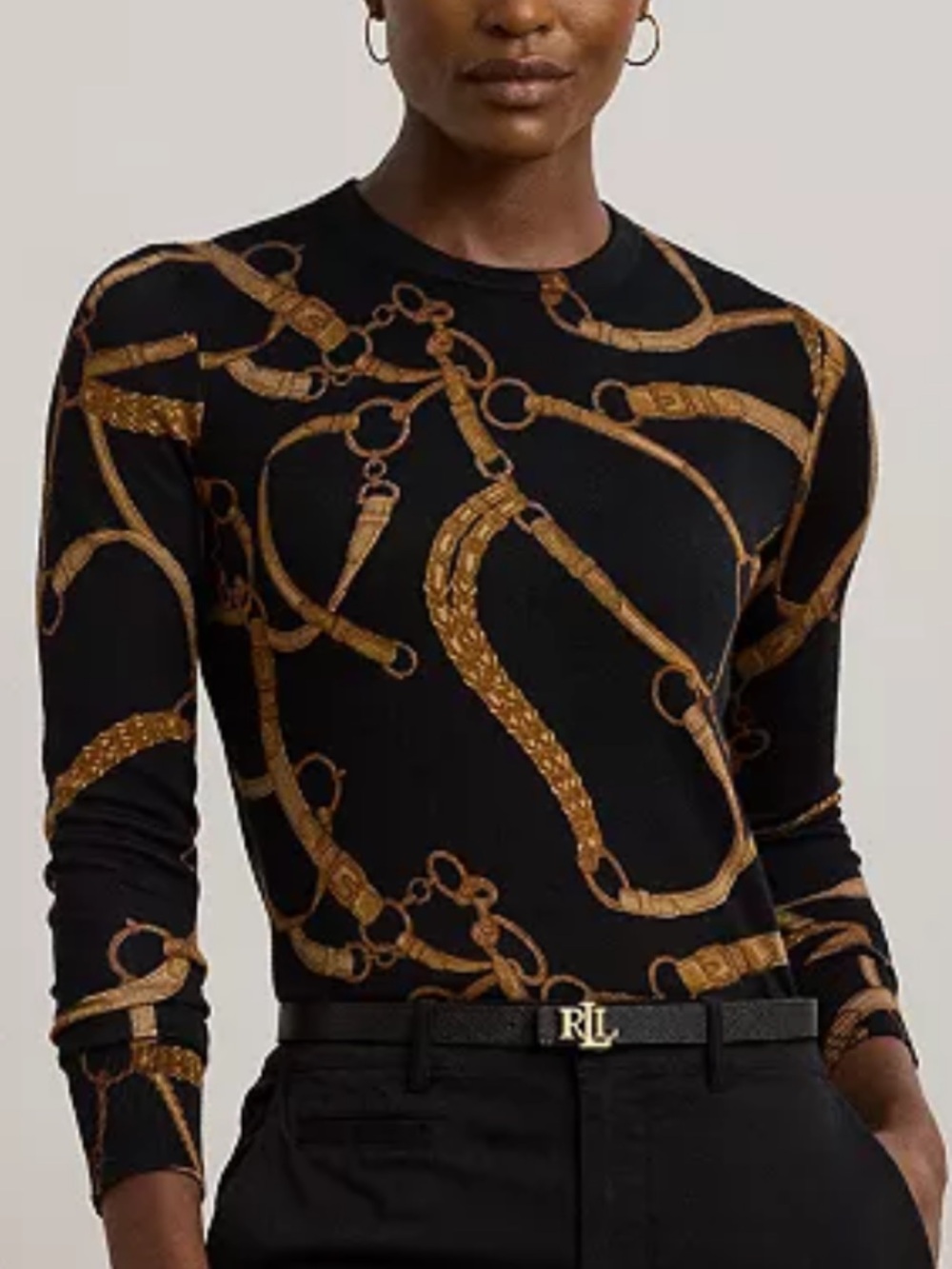 Ralph Lauren Black Tan Crewneck Long Sleeve Belting Tee Sweater, NWT, Med